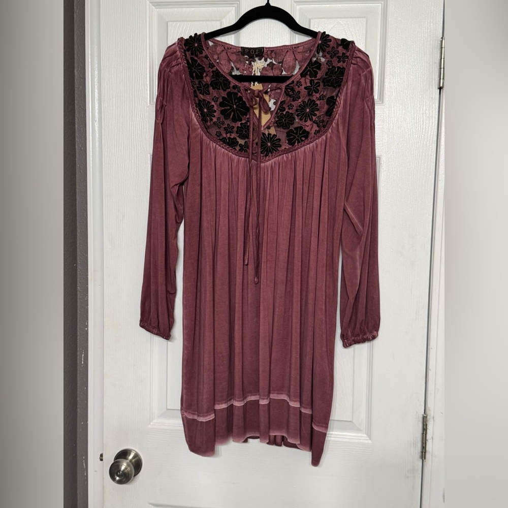 POL Burgundy Pleated Tie Front Mini Dress or Tunic S